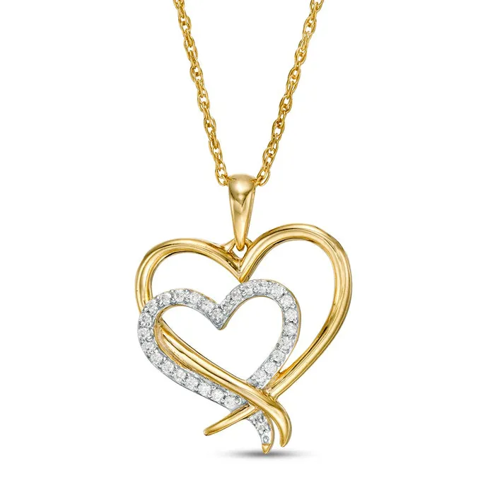 01 CT TW Natural Diamond Double Heart Pendant in 10K Yellow Gold Goldia Necklaces