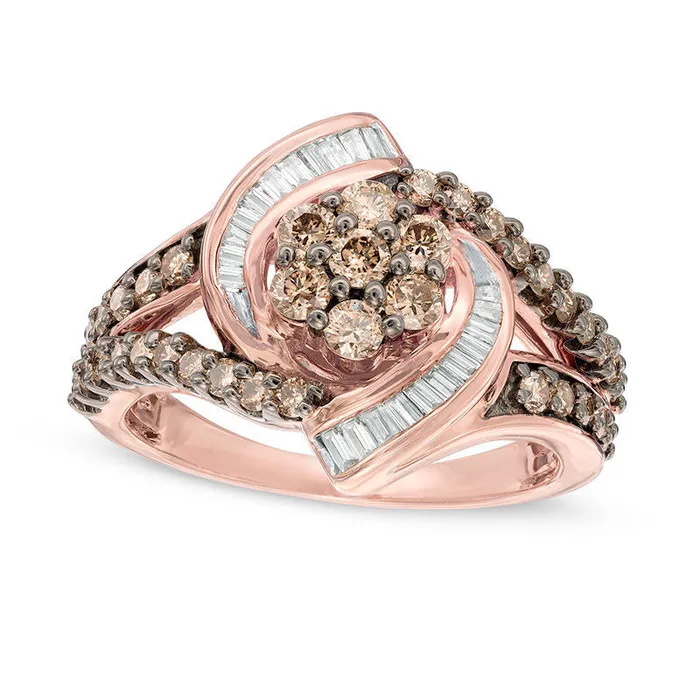 050 CT TW Composite Champagne and White Natural Diamond Whirlwind Split Shank Ring in Solid 10K Rose Gold Goldia Rings