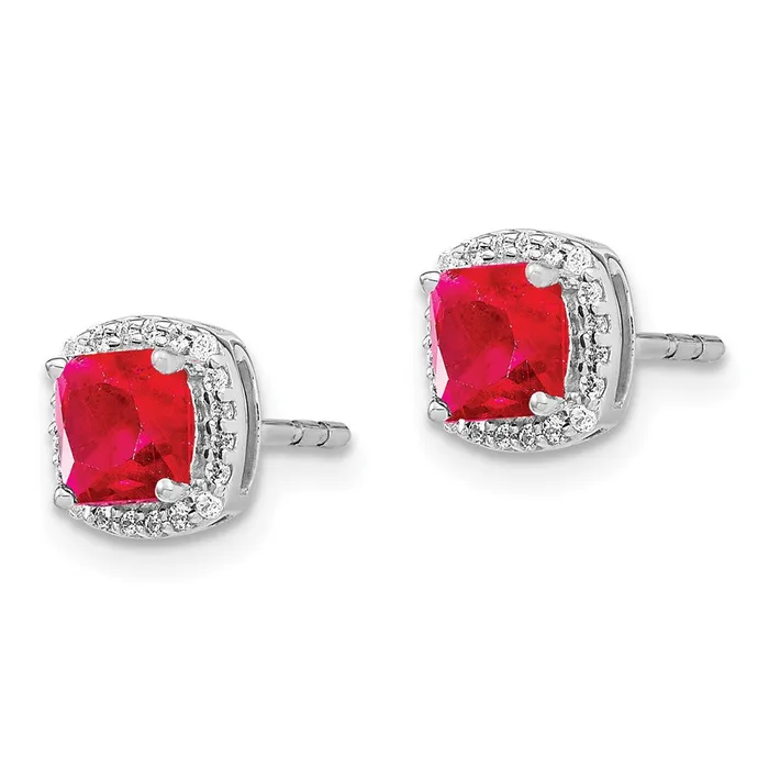 Earrings Goldia Solid 14k White Gold Cushion Simulated Ruby and CZ Halo Earrings Earrings Goldia Solid 14k White Gold Cushion Simulated Ruby and CZ Halo Earrings