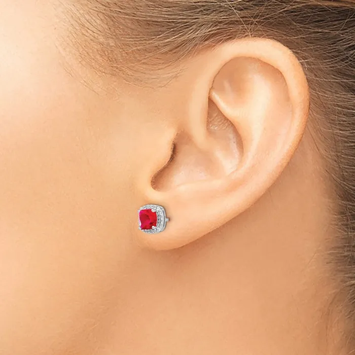 Earrings Goldia Solid 14k White Gold Cushion Simulated Ruby and CZ Halo Earrings Earrings Goldia Solid 14k White Gold Cushion Simulated Ruby and CZ Halo Earrings