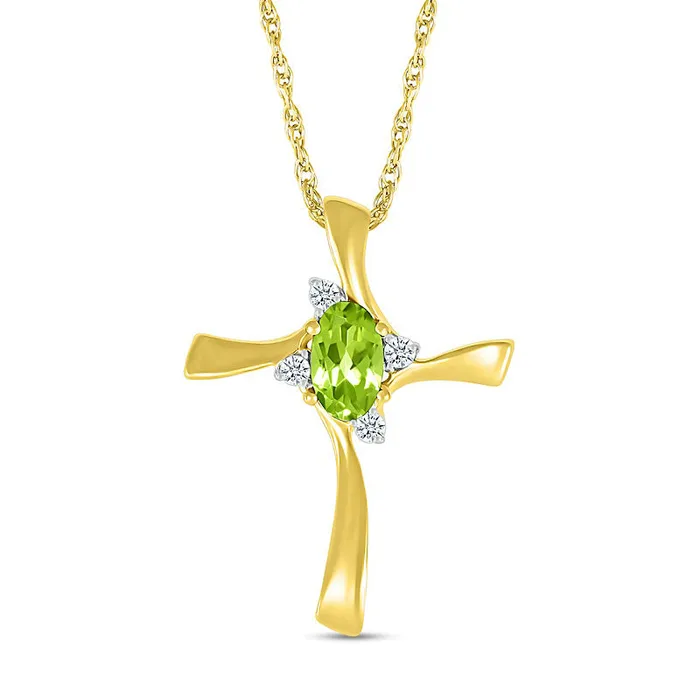 Goldia Oval Peridot and Natural Diamond Accent Swirl Ribbon Cross Pendant in 10K Yellow Gold Necklaces
