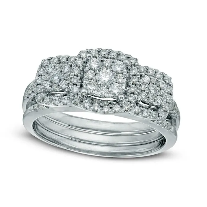 Goldia Rings 075 CT TW Composite Natural Diamond Three Stone Three Piece Bridal Engagement Ring Set in Solid 10K White Gold