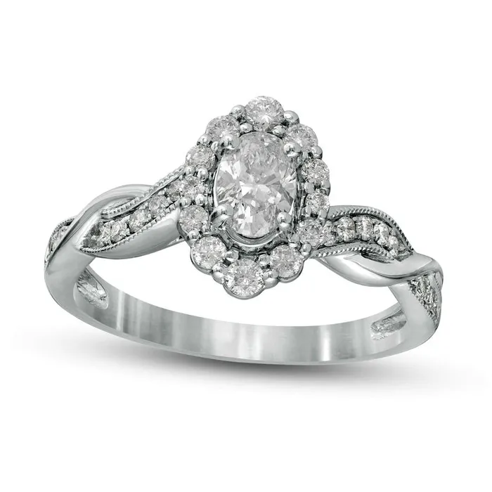 Goldia Rings 075 CT TW Oval Natural Diamond Frame Twist Shank Antique VintageStyle Engagement Ring in Solid 10K White Gold