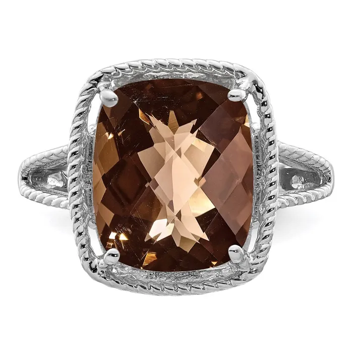 Goldia Sterling Silver Rhodium CheckerCut Smoky Quartz Ring Rings