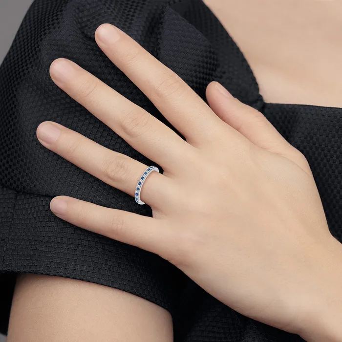 Solid 14k White Gold Simulated Sapphire and CZ Band Goldia Rings