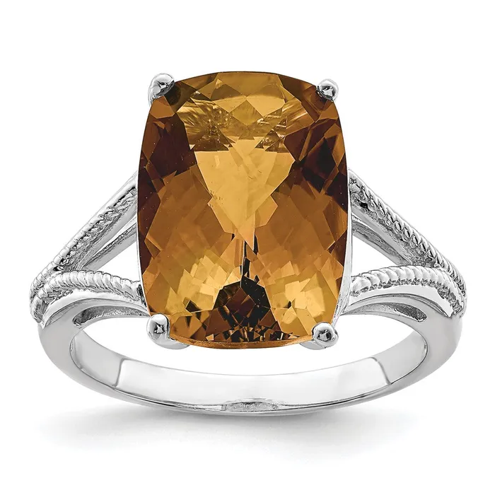 Sterling Silver Rhodium CheckerCut Whiskey Quartz Ring Goldia Rings