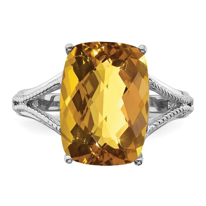 Sterling Silver Rhodium CheckerCut Whiskey Quartz Ring Goldia Rings