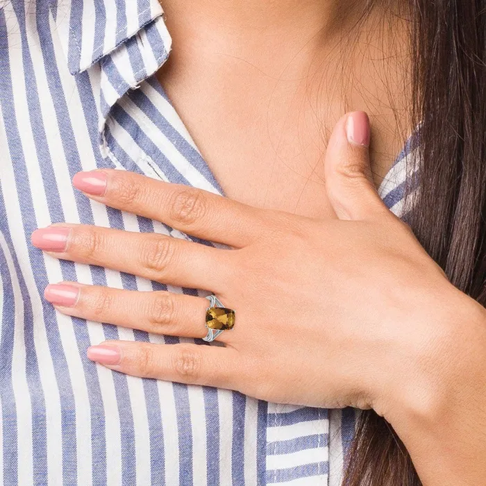 Sterling Silver Rhodium CheckerCut Whiskey Quartz Ring Goldia Rings