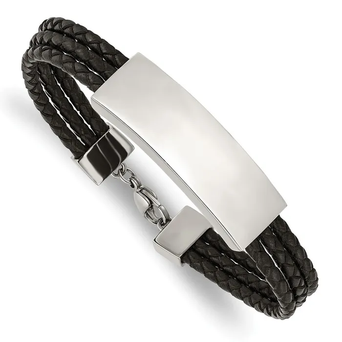 Bracelets Chisel Stainless Steel Polished Black Woven Leather Multi Strand 8 inch ID Bracelet TreasureFineJewelers Bracelets Chisel Stainless Steel Polished Black Woven Leather Multi Strand 8 inch ID Bracelet TreasureFineJewelers