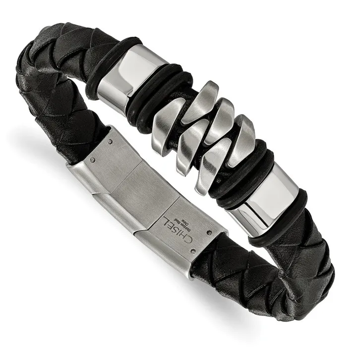 Bracelets TreasureFineJewelers Chisel Stainless Steel Brushed and Polished Black Woven Leather 8 inch Bracelet with 5 inch Extension Bracelets TreasureFineJewelers Chisel Stainless Steel Brushed and Polished Black Woven Leather 8 inch Bracelet with 5 inch Extension
