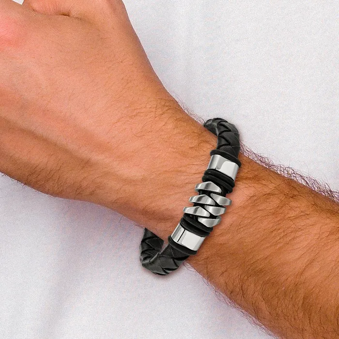 Bracelets TreasureFineJewelers Chisel Stainless Steel Brushed and Polished Black Woven Leather 8 inch Bracelet with 5 inch Extension