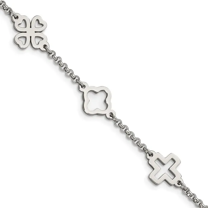 Chisel Stainless Steel Polished Cross and Clovers 75 inch Bracelet TreasureFineJewelers Bracelets Chisel Stainless Steel Polished Cross and Clovers 75 inch Bracelet TreasureFineJewelers Bracelets