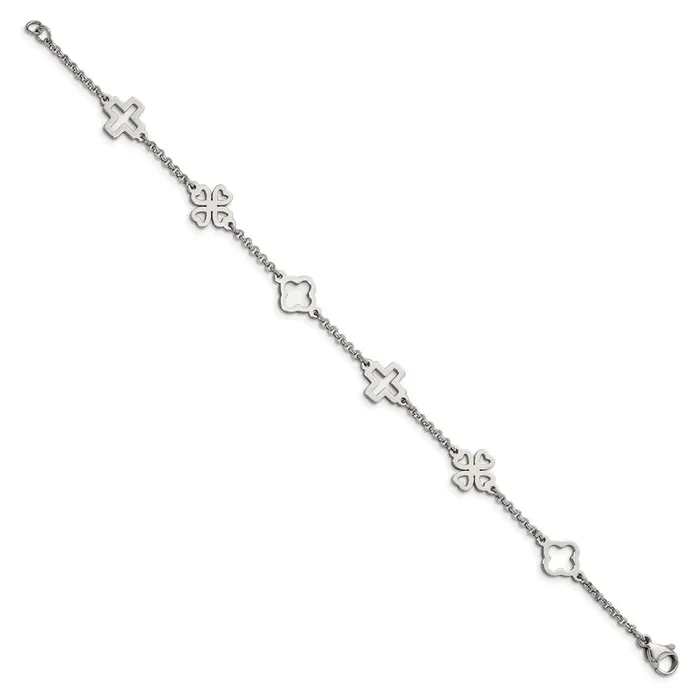 Chisel Stainless Steel Polished Cross and Clovers 75 inch Bracelet TreasureFineJewelers Bracelets