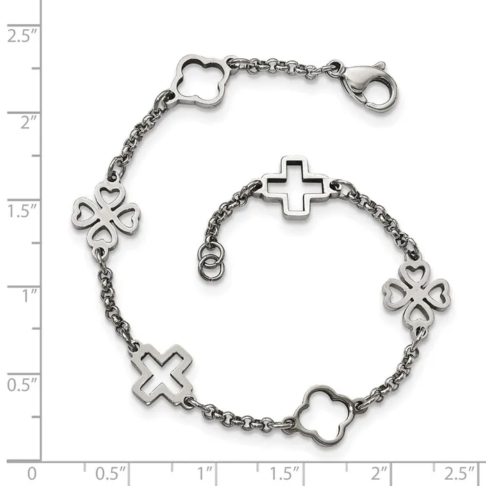 Chisel Stainless Steel Polished Cross and Clovers 75 inch Bracelet TreasureFineJewelers Bracelets