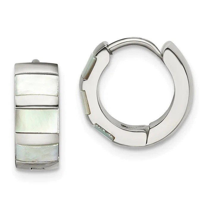 Earrings TreasureFineJewelers Stainless Steel Polished with Shell Pearl 5mm Hinged Hoop Earrings