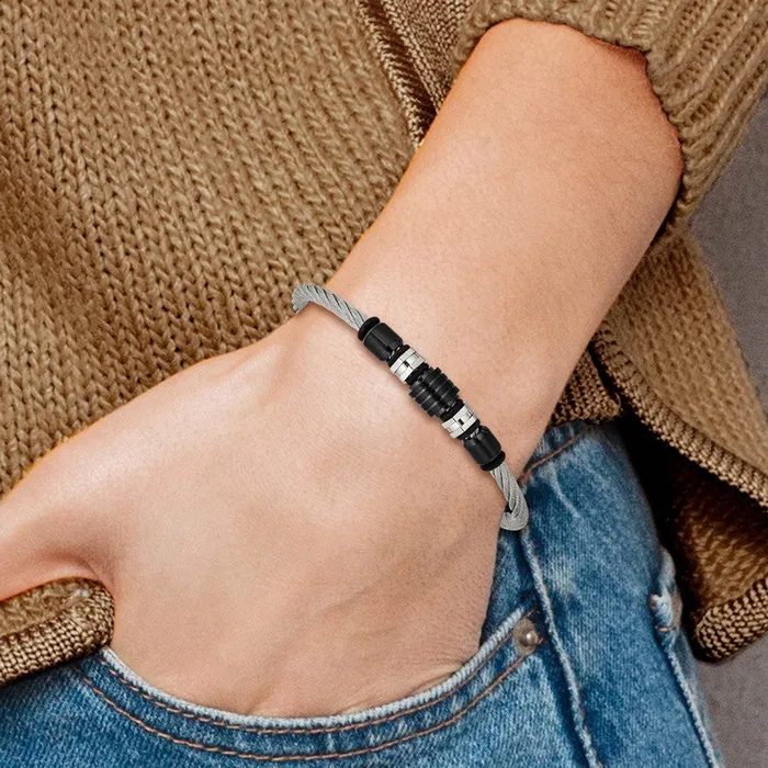 TreasureFineJewelers Bracelets Chisel Stainless Steel Brushed and Polished Black IPplated and Black Rubber Adjustable 8 to 875 inch Bracelet