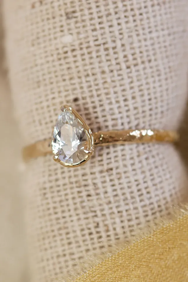 Lacee Alexandra Jewelry Pear Solitaire Engagement Ring With Hammered Band Texture in Solid Gold Rings