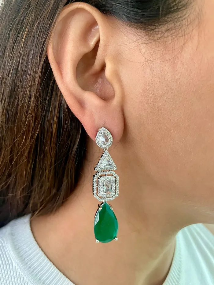 Necklaces PRERTO ECOMMERCE PRIVATE LIMITED Emerald Tear Drop 2 Layer Dimonte Necklace Set Necklace Earrings