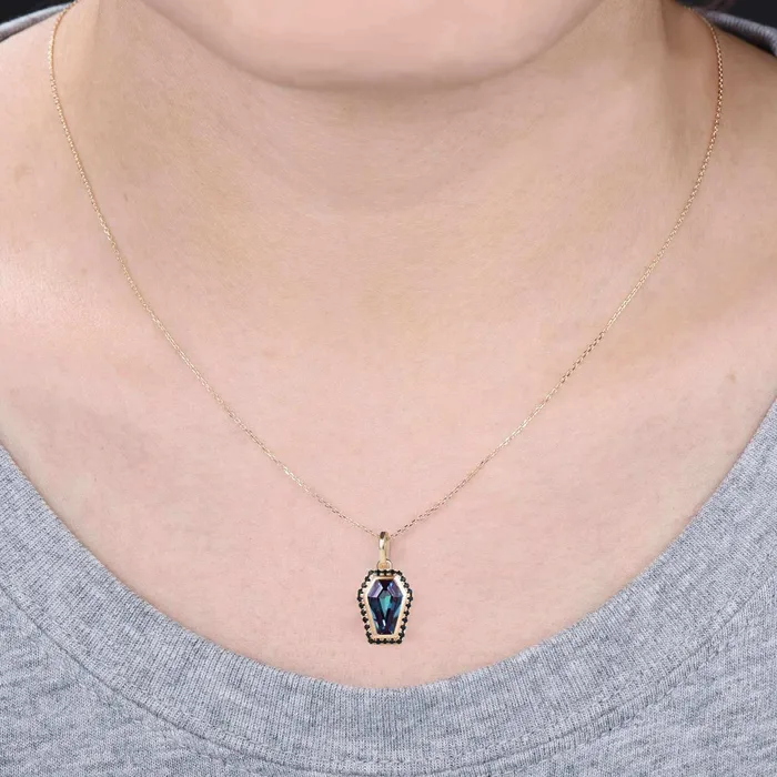 PENFINE Necklaces Vintage Coffin alexandrite pendant necklace solid 14k 18k rose gold antique halo diamond Personalized black diamond anniversary gift women