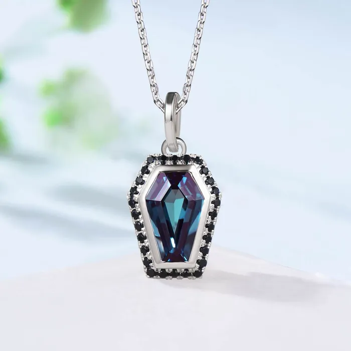 PENFINE Necklaces Vintage Coffin alexandrite pendant necklace solid 14k 18k rose gold antique halo diamond Personalized black diamond anniversary gift women