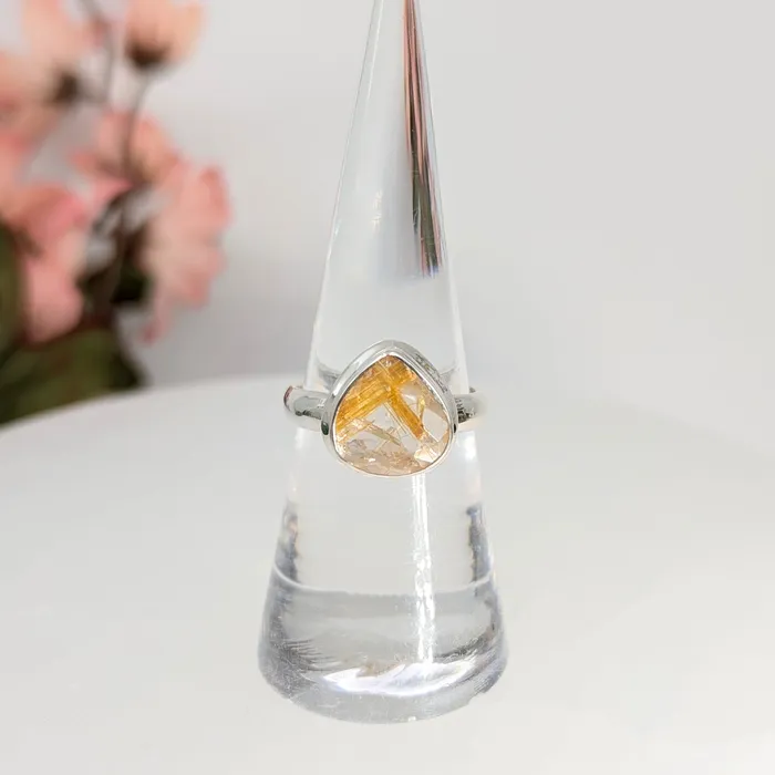 Bliss Crystals Rings Gold Rutilated Quartz Sz 65 Ring SS LV7950