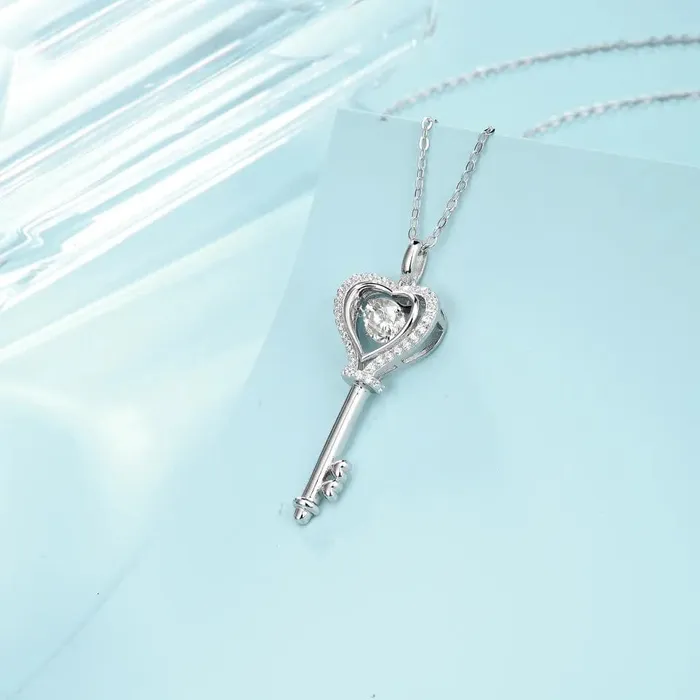 Necklaces Key to My Heart Moissanite Diamond Necklace 925 Sterling Silver Rhodium Plated CocoAlibaba