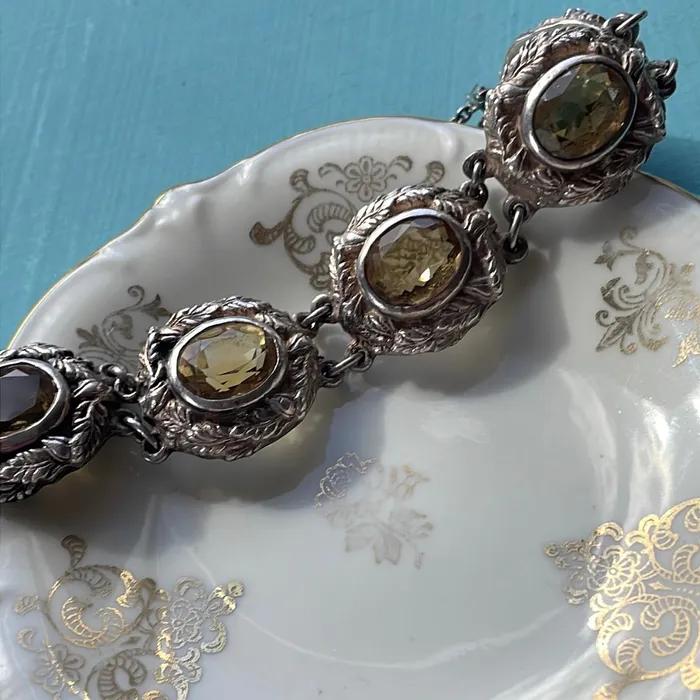 Vintage Paris Jewelry Bracelets Citrine Bracelet Art Nouveau Leaf Motif Sterling Silver Vintage