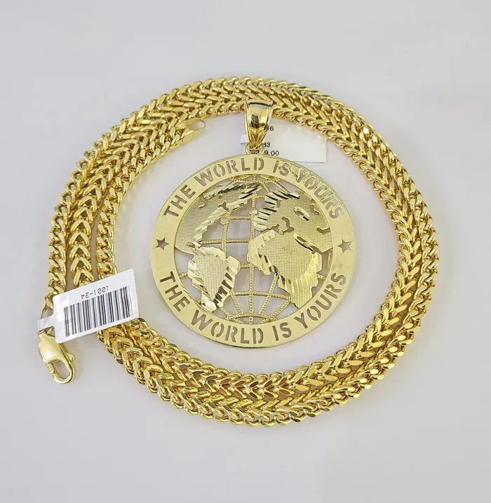 10K Franco Chain World is Yours Pendant Charm Necklace 2026 5mm Gold SET Gold and Diamond Necklaces
