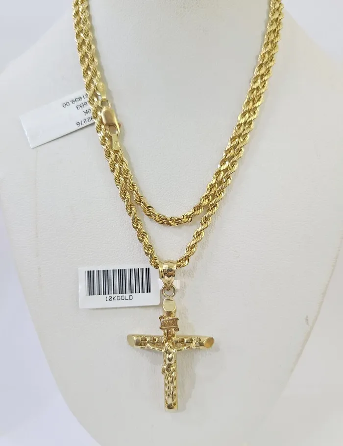 10k Gold INRI Jesus Pendant Rope Chain 3mm 24 Necklace Set Real Genuine Gold and Diamond Necklaces 10k Gold INRI Jesus Pendant Rope Chain 3mm 24 Necklace Set Real Genuine Gold and Diamond Necklaces