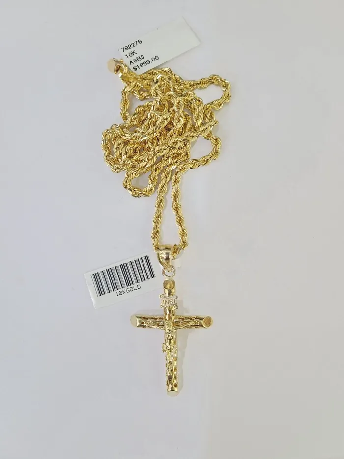 10k Gold INRI Jesus Pendant Rope Chain 3mm 24 Necklace Set Real Genuine Gold and Diamond Necklaces
