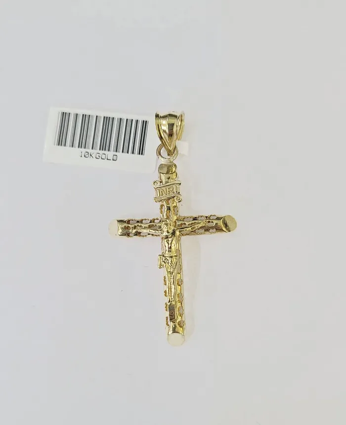 10k Gold INRI Jesus Pendant Rope Chain 3mm 24 Necklace Set Real Genuine Gold and Diamond Necklaces