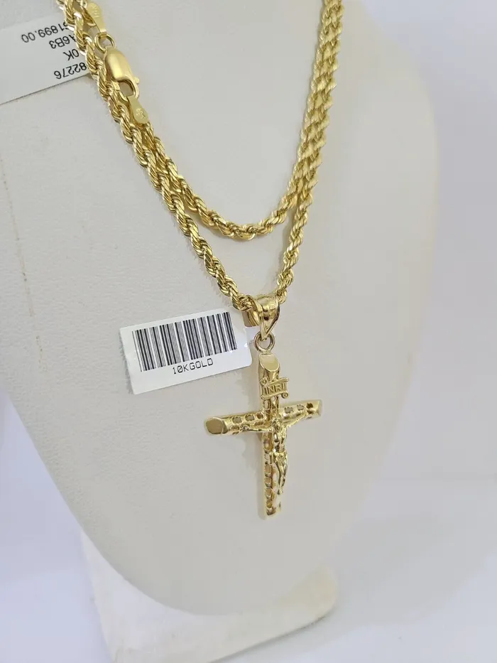 10k Gold INRI Jesus Pendant Rope Chain 3mm 24 Necklace Set Real Genuine Gold and Diamond Necklaces