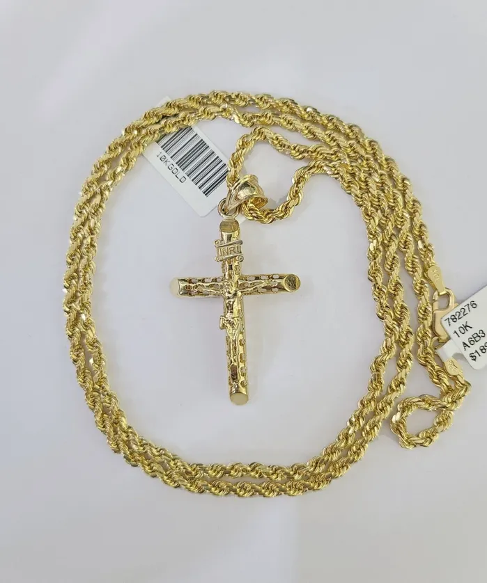 10k Gold INRI Jesus Pendant Rope Chain 3mm 24 Necklace Set Real Genuine Gold and Diamond Necklaces