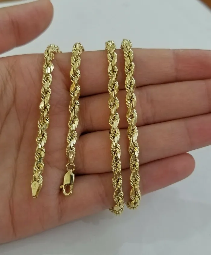10k Solid Rope Chain Real 10K Yellow Gold Necklace Diamond Cut 4mm 20 Men Women Gold and Diamond Necklaces