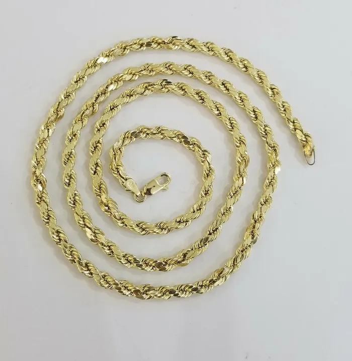 10k Solid Rope Chain Real 10K Yellow Gold Necklace Diamond Cut 4mm 20 Men Women Gold and Diamond Necklaces