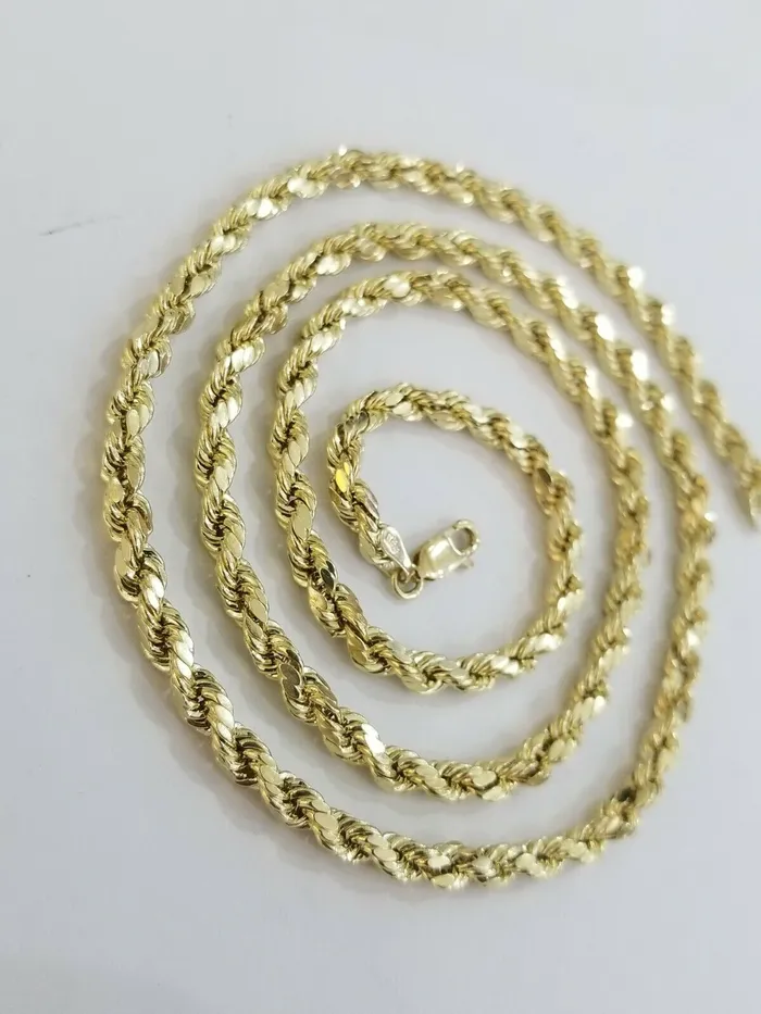 10k Solid Rope Chain Real 10K Yellow Gold Necklace Diamond Cut 4mm 20 Men Women Gold and Diamond Necklaces