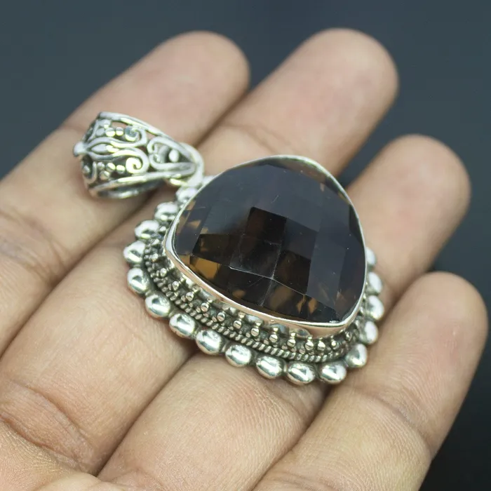 24g Totally Handmade Natural Smoky Quartz Fancy Shape 925 Sterling Silver Pendant Beads Supplies USA Necklaces