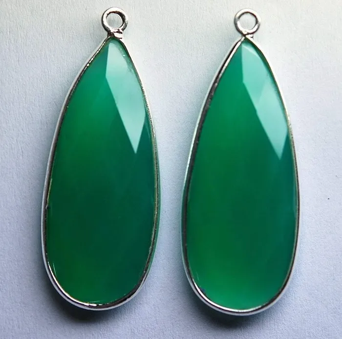 Beads Supplies USA Necklaces 925 Sterling SilverGreen Onyx Faceted Pear Shape Pendant 2 Pieces Of 33mm