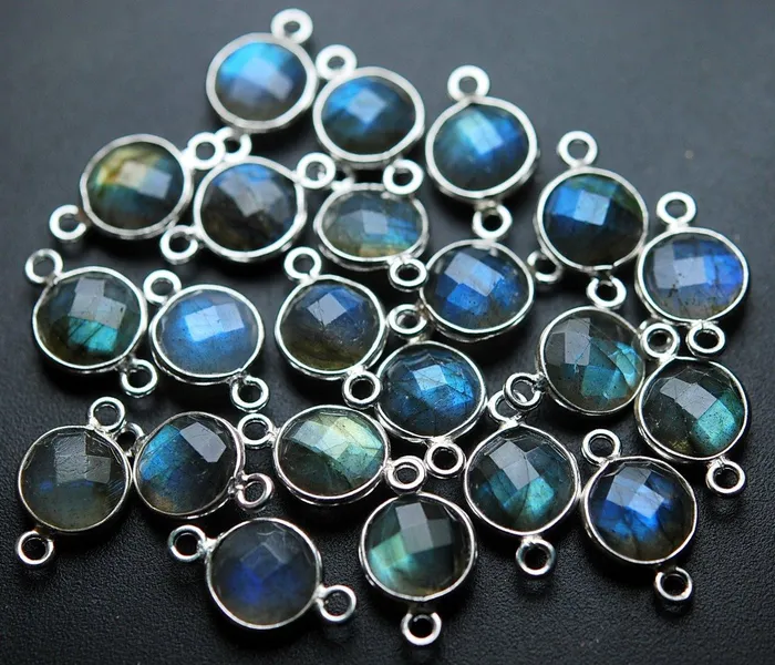 Beads Supplies USA Rings 925 Sterling SilverBlue Flash Labradorite Faceted Coins Shape Connector 13 Piece 15mm