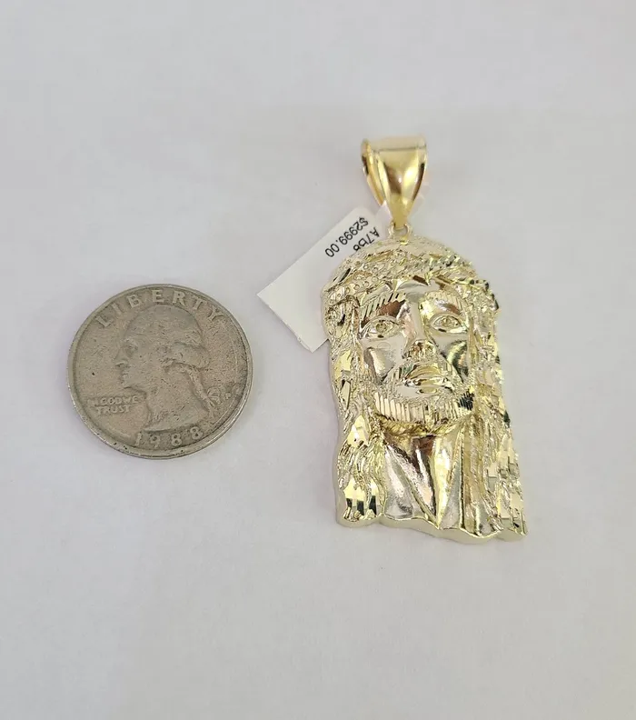 Charm Necklaces Gold and Diamond Real 10K Yellow Gold Jesus Head Pendant Charm Genuine 10Kt