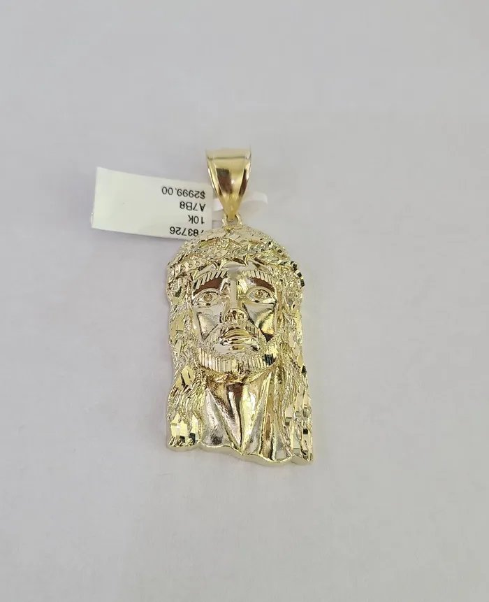Charm Necklaces Gold and Diamond Real 10K Yellow Gold Jesus Head Pendant Charm Genuine 10Kt