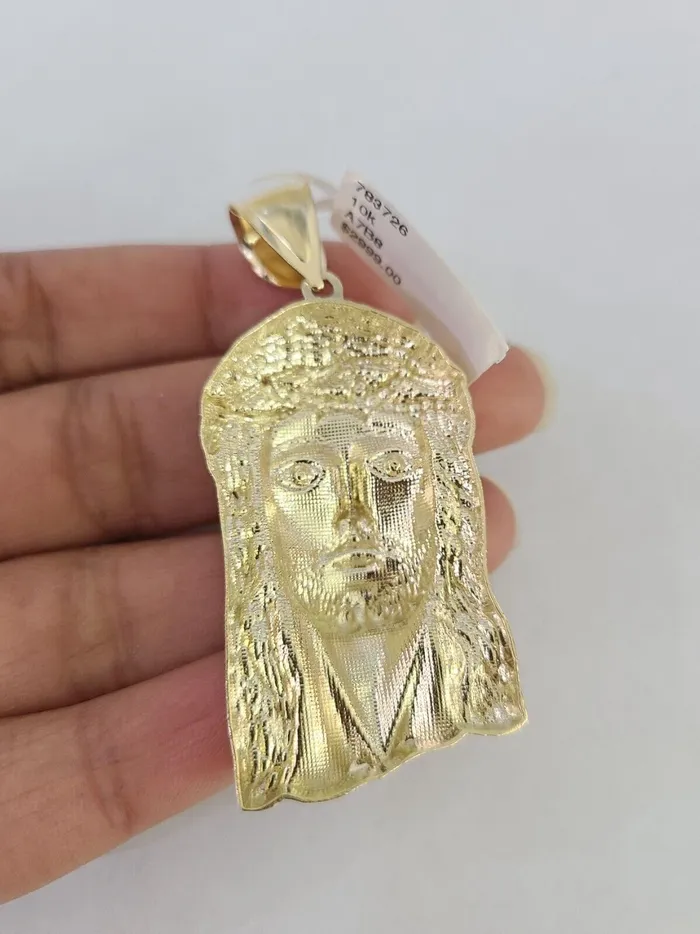 Charm Necklaces Gold and Diamond Real 10K Yellow Gold Jesus Head Pendant Charm Genuine 10Kt
