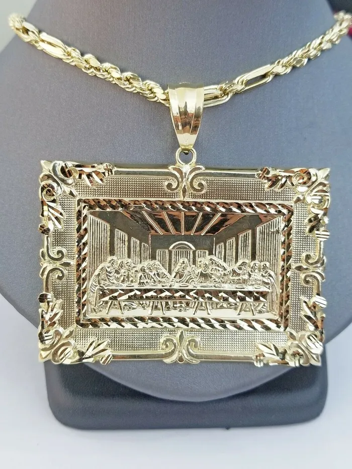 GlobalWatches10 Charm Necklaces 10K Real Yellow Gold Last supper Charm Diamond Cut Pendant Jesus Religious Mens