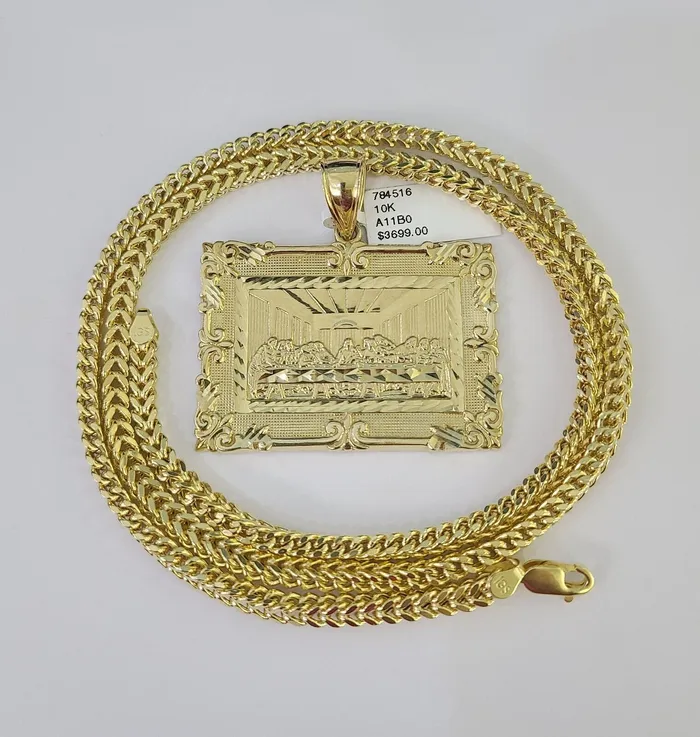 Gold and Diamond 10K Franco Chain Last Supper Pendant Charm Necklace 2028 4mm Yellow Gold SET Necklaces