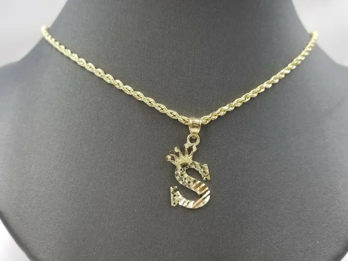 Gold and Diamond Charm Necklaces 10k Initial Yellow Gold Crown AZ Alphabet Charm Diamond Cut Pendent Men Women