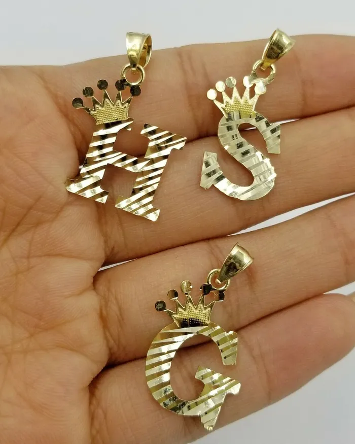 Gold and Diamond Charm Necklaces 10k Initial Yellow Gold Crown AZ Alphabet Charm Diamond Cut Pendent Men Women