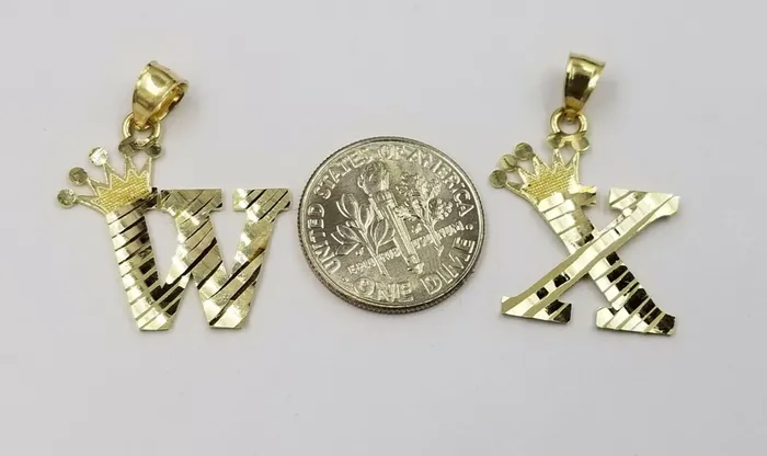 Gold and Diamond Charm Necklaces 10k Initial Yellow Gold Crown AZ Alphabet Charm Diamond Cut Pendent Men Women