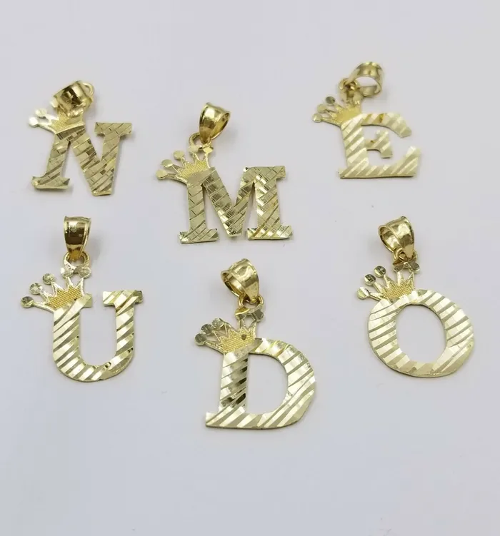 Gold and Diamond Charm Necklaces 10k Initial Yellow Gold Crown AZ Alphabet Charm Diamond Cut Pendent Men Women