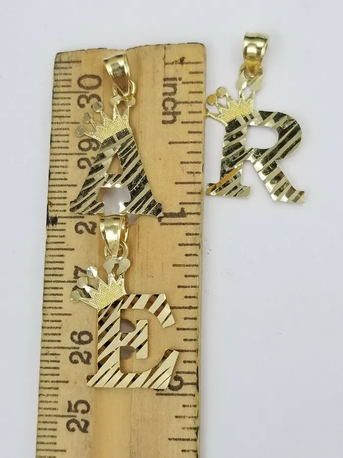 Gold and Diamond Charm Necklaces 10k Initial Yellow Gold Crown AZ Alphabet Charm Diamond Cut Pendent Men Women