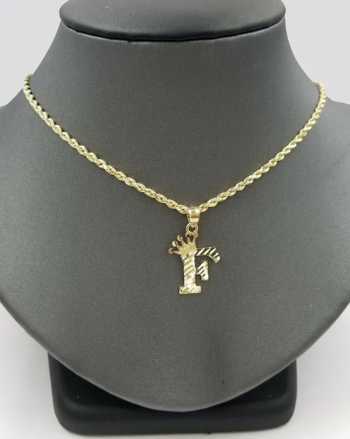 Gold and Diamond Charm Necklaces 10k Initial Yellow Gold Crown AZ Alphabet Charm Diamond Cut Pendent Men Women